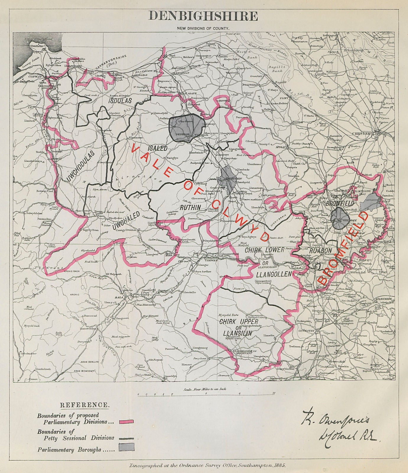 Denbighshire Parliamentary Divisions. Clwyd. BOUNDARY COMMISSION 1885 old map